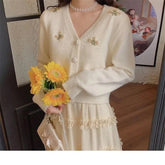 V Neck Floral Embroidered Knitted Cardigan Sweater